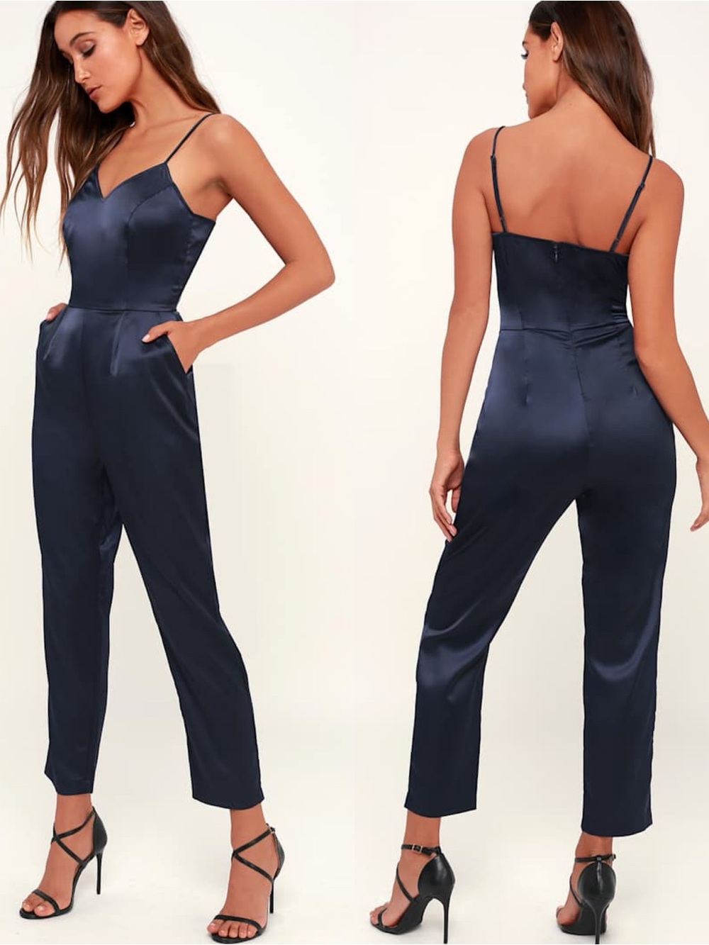 Lulus | Touch of Heaven Navy Blue Satin Sleeveless Jumpsuit
